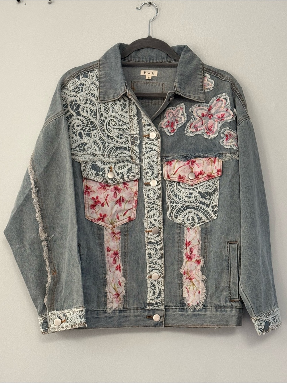 POL Blue Denim Jacket with White Lace and Pink Floral Appliqué